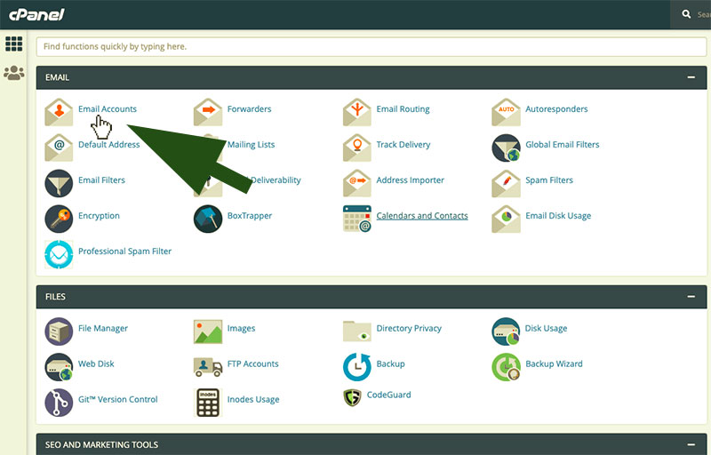 cPanel dashboard